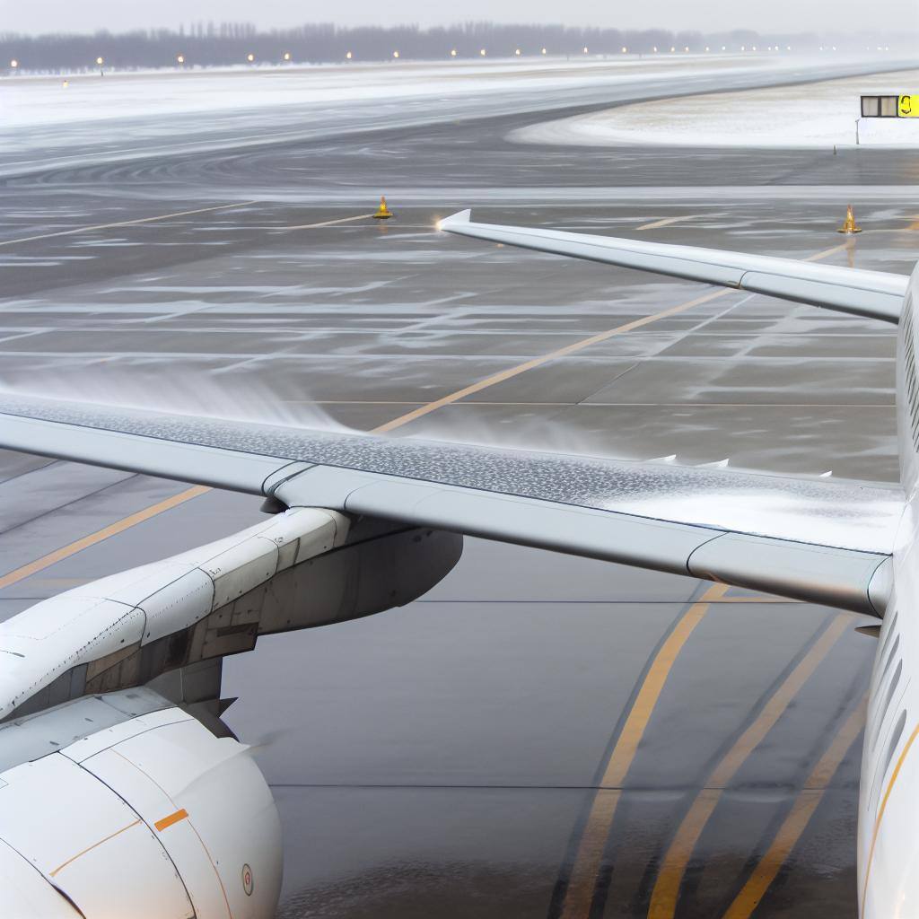 avion de ligne de type A320 sur le tarmac dun aéroport dont les ailes sont dégivrées par un revêtement de graphène par temps de neige avion de ligne de type A320 sur le tarmac dun aéroport dont les ailes sont dégivrées par un revêtement de graphène par temps de neige